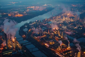 Aerial View of Leuna Industrial Complex and Illuminated Refinery at Night