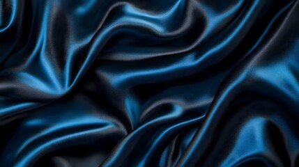 Fototapeta premium Abstract technology background features a luxurious, shiny black and blue satin fabric with a dark, soft wave pattern, creating a blurred, beautiful texture reminiscent of silk,
