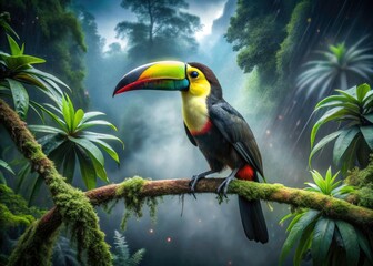 Obraz premium Rainforest toucan photography: mastering low-light challenges for stunning night wildlife images.