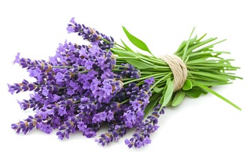 Freshly Harvested Lavender Bouquet Tied with Natural Twine Surrounded by Green Leaves for Decorative and Aromatic Uses in Craft Projects and Home Decor