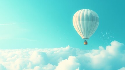 Obraz premium White hot air balloon floats serenely above a sea of clouds under a bright sky.