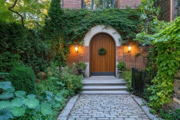 Fototapeta premium Charming entrance of a well-maintained home surrounded by lush greenery, featuring a warm wooden door and welcoming lights in the late afternoon