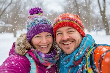 Fototapeta premium Happy Couple in Colorful Winter Clothes Taking a Selfie During Snowfall