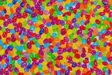 Colorful assortment of jelly beans spread across a vibrant surface in a playful arrangement, showcasing a variety of flavors and colors