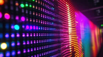 Obraz premium Colorful led panel wall glowing in the dark, producing a vibrant and dynamic visual experience filled with a spectrum of bright, luminescent lights and patterns