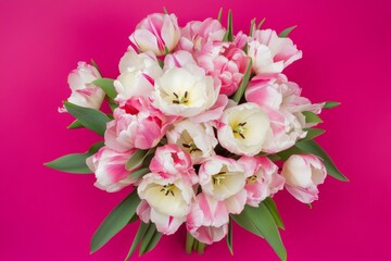 Fototapeta premium Beautiful pink and white tulip bouquet on vibrant pink background for spring celebration in an indoor setting