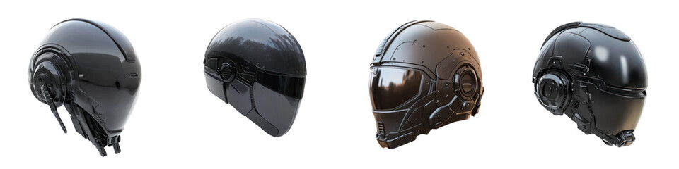 Futuristic helmets with metallic finishes showcasing sleek designs and advanced features