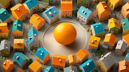 A cartoon-style city map with orange and blue buildings, featuring an empty circle in the center of town surrounded by small houses, a single giant ball-shaped object placed on top of it, rendered 