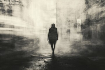 Monochrome Silhouette in Motion Blur Creating an Eerie Atmospheric Urban Scene