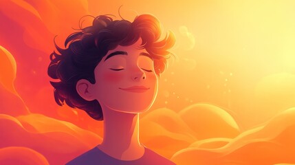 Peaceful boy enjoying sunset, serene cloudscape.