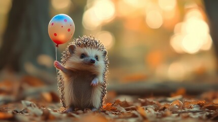 Obraz premium Adorable hedgehog holding a colorful balloon in a sun-dappled autumn forest.