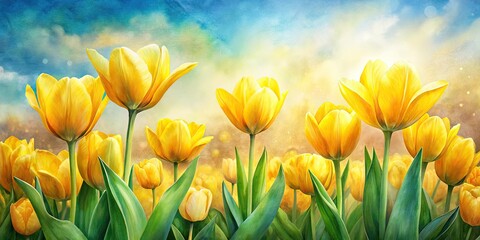Spring's arrival: a watercolor postcard featuring a breathtaking yellow tulip field.