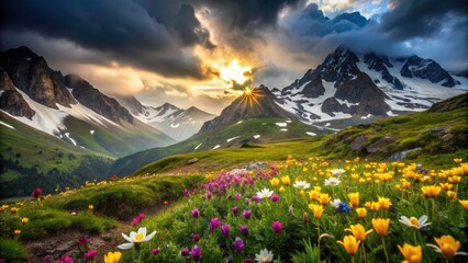 Obraz premium Spring's gentle light paints Mount Fisht in the Caucasus, a breathtaking mountain panorama.