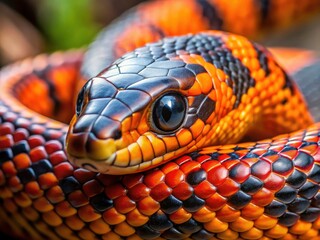 Fototapeta premium Striking black and orange reptile; macro lens captures exquisite scale textures in vivid detail.