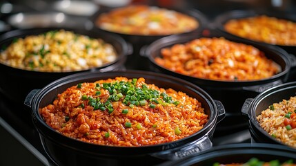 Obraz premium Spicy Korean Kimchi Fried Rice with Green Onion Garnish in Buffet 