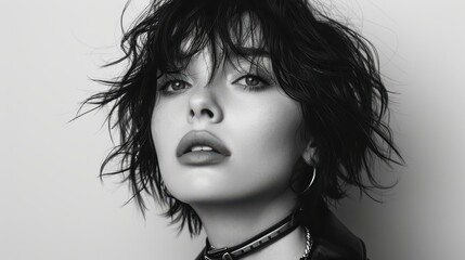 A black and white portrait of a woman with short, tousled hair and bold makeup. © darion