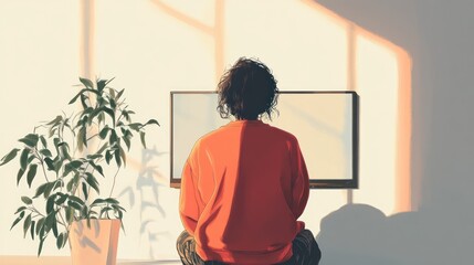 Person watching TV in sunlit room.