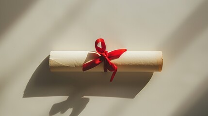 Rolled Paper Scroll Tied with Red Ribbon in Soft Sunlight
