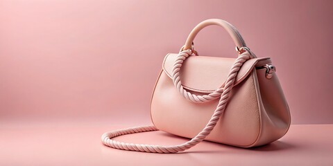 Fototapeta premium Stylish blush pink handbag; rope handle detail, perfectly monochromatic.