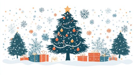 Obraz premium Festive Christmas scene with decorated tree, gifts, and snowfall.