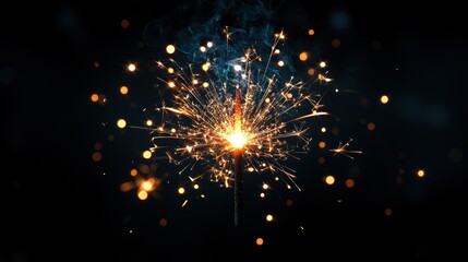 Burning sparkler with bright sparks and smoke on black background.