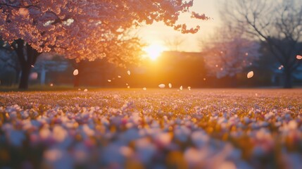 Cherry Blossoms Falling at Sunrise in a Tranquil Spring Meadow