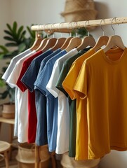 Fototapeta premium This image of neatly hung t shirts in blue and neutral tones is ideal for retail and fashion branding, showcasing a minimalist, refined style.
