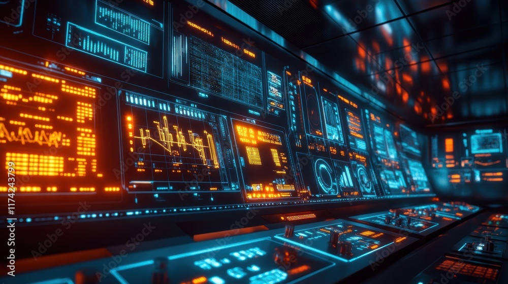 Poster complex digital interface displaying real time data analysis, charts, and system diagnostics in a hi