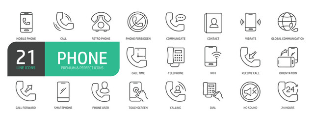 Set Of Phone Line Icons. The set includes a Telephone, Mobile Phone, Contact, Wifi, Communicate, Phone User, Touchscreen, Global Communication.