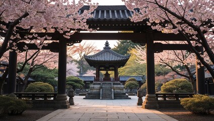 Fototapeta premium Traditional Japanese temple framed by cherry blossoms at sunrise