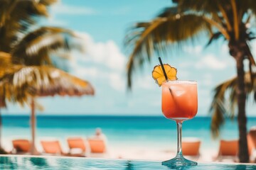  a luxurious beachfront resort with white sandy beaches, turquoise waters, and a clear blue sky