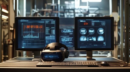 Vr headset and computer monitors displaying complex data and diagrams, suggesting advanced technological research and development within a modern laboratory setting