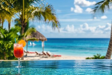  a luxurious beachfront resort with white sandy beaches, turquoise waters, and a clear blue sky