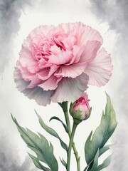  Watercolor painting of a big pink carnation with green leaves