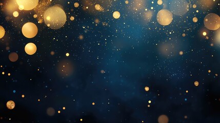 An abstract background featuring dark blue and golden particles. Christmas golden light shines, creating a bokeh effect on the navy blue background. Gold foil texture is also present