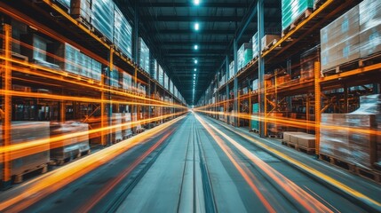 Obraz premium A warehouse with a bright orange light shining down on the floor