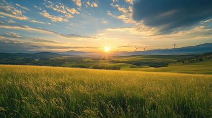 Fototapeta premium A field of grass with a sun in the sky