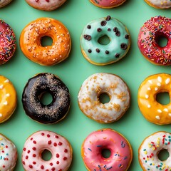 A delightful display of various donuts featuring an array of flavors and toppings makes for a visually tempting and colorful treat against a bright backdrop.