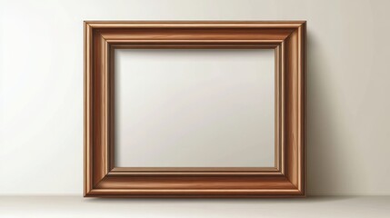 Empty square wooden frame on white wall.