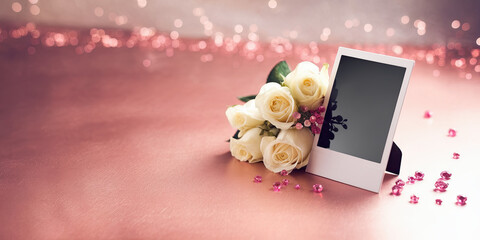 Romantic Rose Bouquet with Blank Photo Frame on Pink Glitter Background