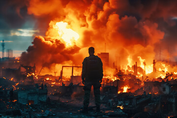 Silhouette of man observing urban fire and destruction at dusk