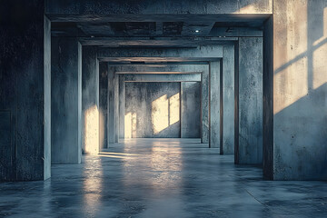 Obraz premium stock photo features a 3D-rendered empty and dark abstract concrete room interior