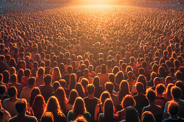 Obraz premium Vast crowd of adults gathered at sunset event