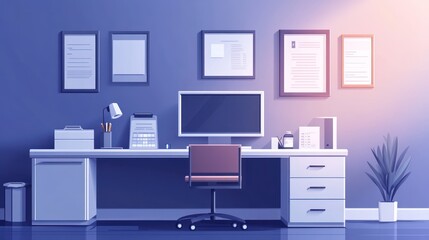 Modern minimalist office interior with desk, computer, and framed documents.