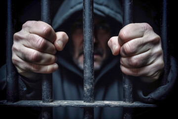 Hooded prisoner clutching bars in dark setting