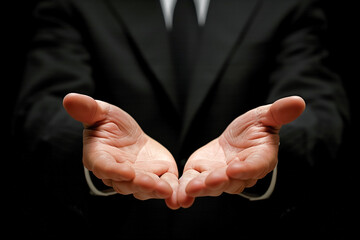Outstretched open hands of business suit adult man in black background