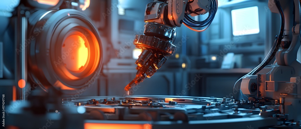 Poster a close-up view of a robotic arm interacting with a futuristic control panel in a high-tech environm