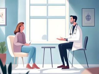 A doctor and a patient engage in a thoughtful conversation in a modern clinic. The bright room features large windows, creating a welcoming atmosphere for healthcare discussions.