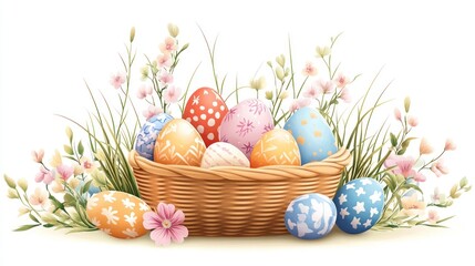 Easter eggs in wicker basket with spring flowers.