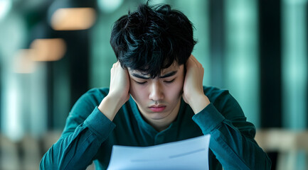 A young man sits at a table, holding his head in frustration while reading a paper, conveying stress and concern.